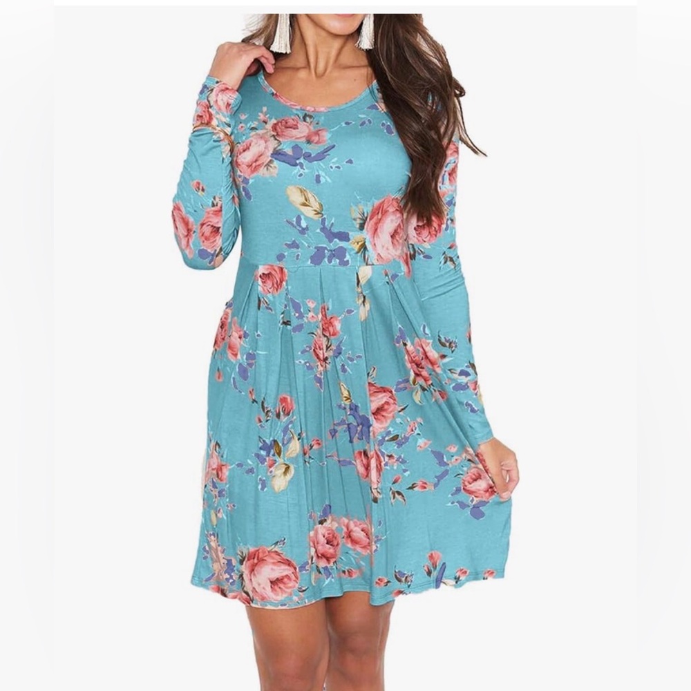 Floral Long-Sleeve A-Line Dress in Turquoise